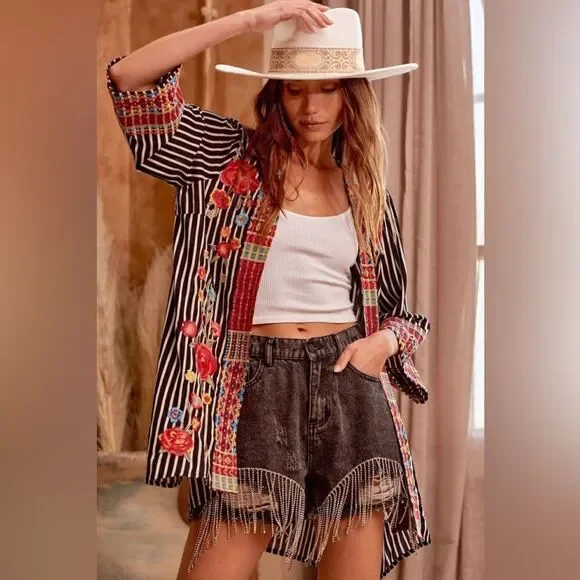 Savannah Jane EMBROIDERED STRIPED CARDIGAN small boho festival floral - Picture 6 of 13